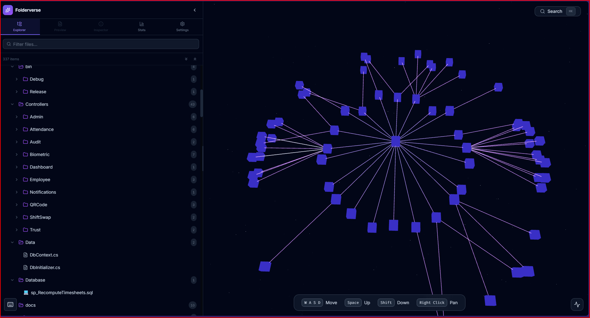 Folderverse 3D scene with connected file nodes and an inspector panel